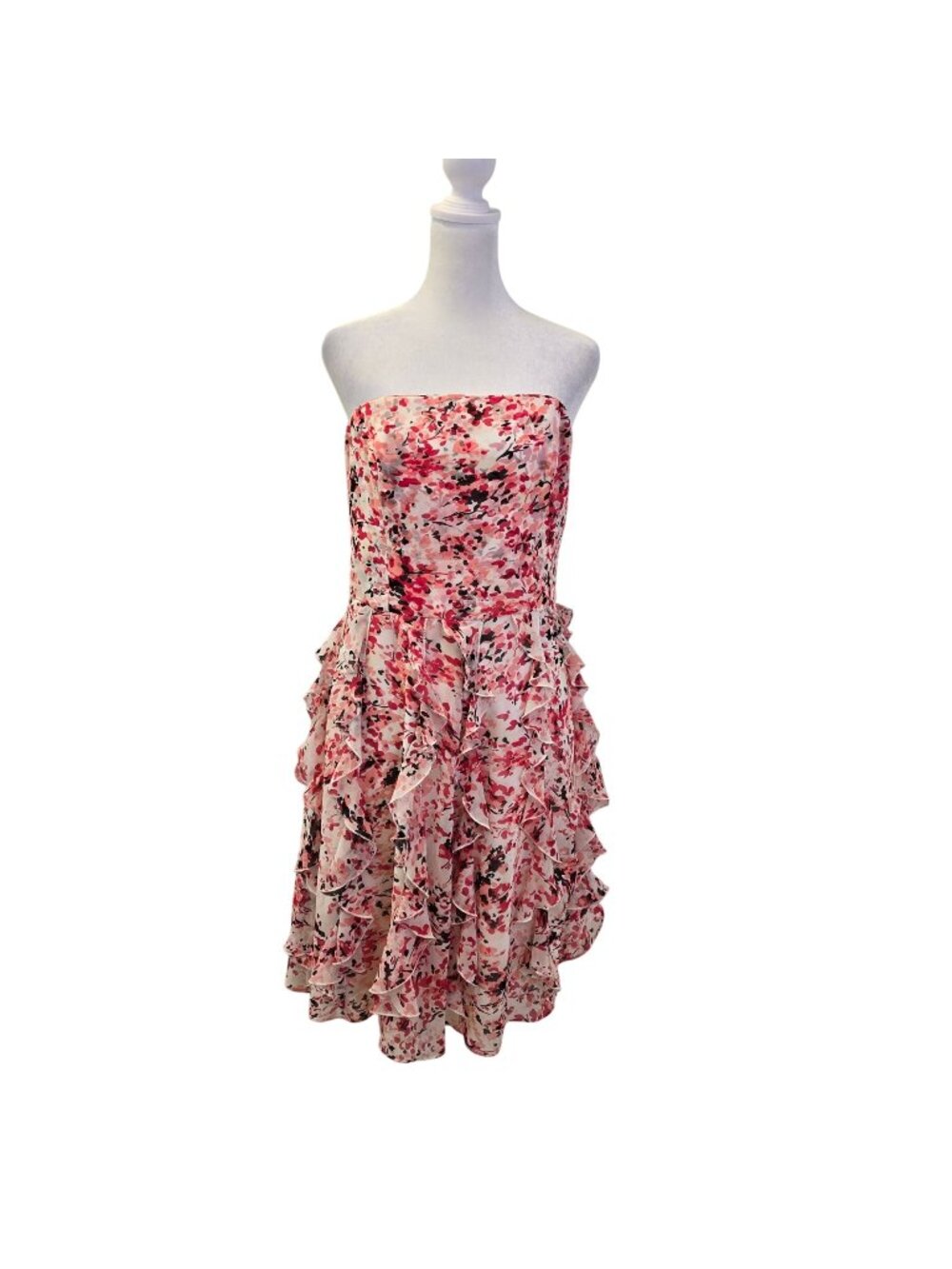 White House Black Market Watercolor Cascading Ruffle Strapless Dress Size 8